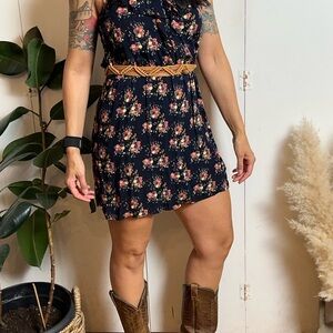 Floral Navy Dress with Tan Belt